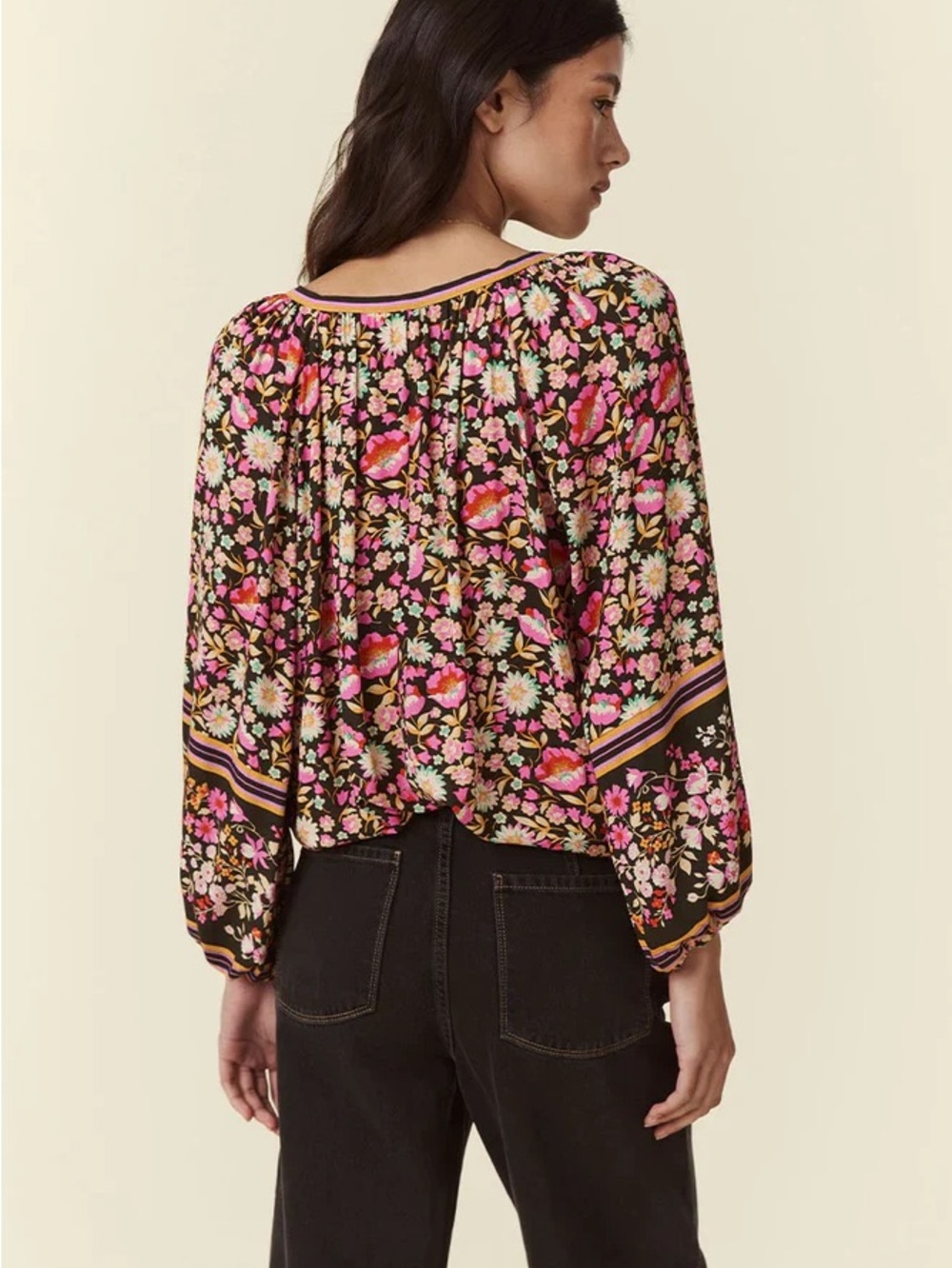 Spell Impala Tie Blouse - Night Blossom Floral Button-Front Peasant Blouse - S - Picture 3 of 6